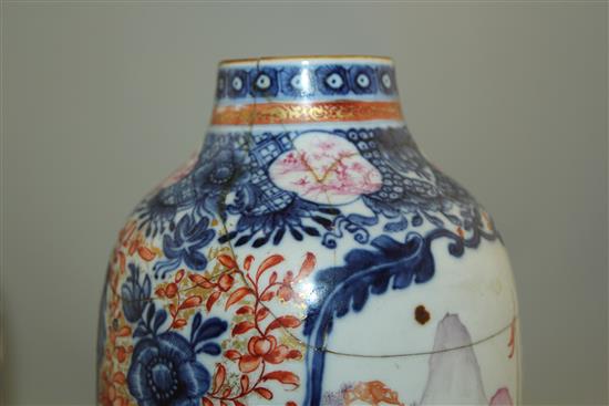 A pair of Chinese export famille rose ovoid vases, late Qianlong period, 21cm, faults